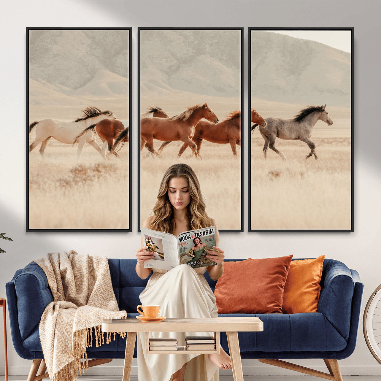 43348446-MGV-CV-36X24 - Herd of Wild Horses Running in Desert Mountain Wall Art Canvas Print - Boho Western Landscape
