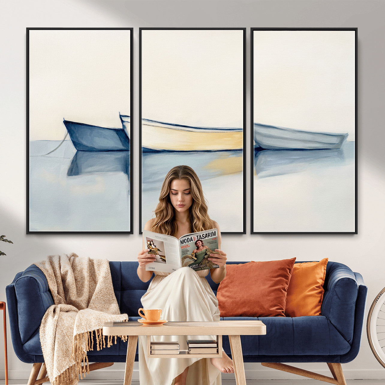 84017361-MGV-CV-36X24 - Abstract Three Boats Reflecting on Water Wall Art Canvas Print - Minimalist Coastal Seascape
