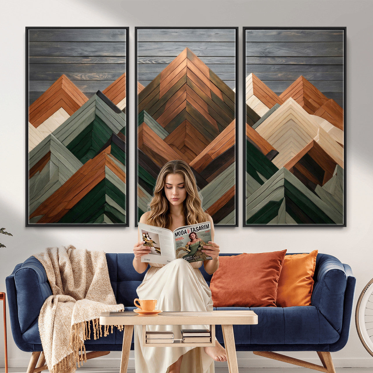 84617347-MGV-CV-36X24 - Geometric Wood Mountain Wall Art Canvas Print, 3D Look Rustic Mosaic Landscape Print