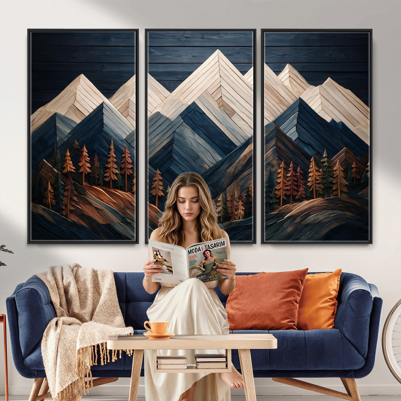 87765072-MGV-CV-36X24 - Geometric Wood Mountain Wall Art Canvas Print, 3D Look Rustic Mosaic Landscape Print