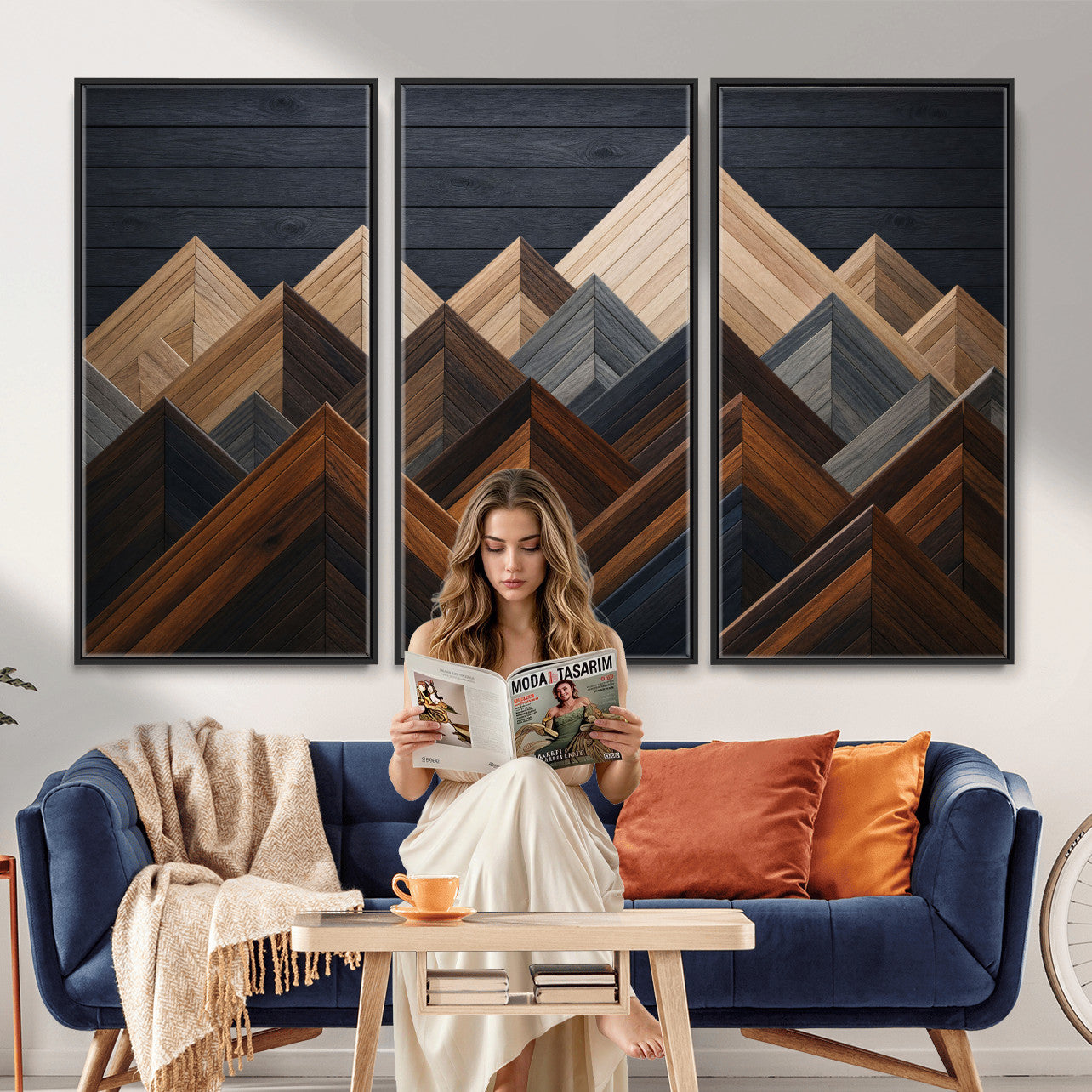 70531117-MGV-CV-36X24 - Geometric Wood Mountain Wall Art Canvas Print, 3D Look Rustic Mosaic Landscape Print