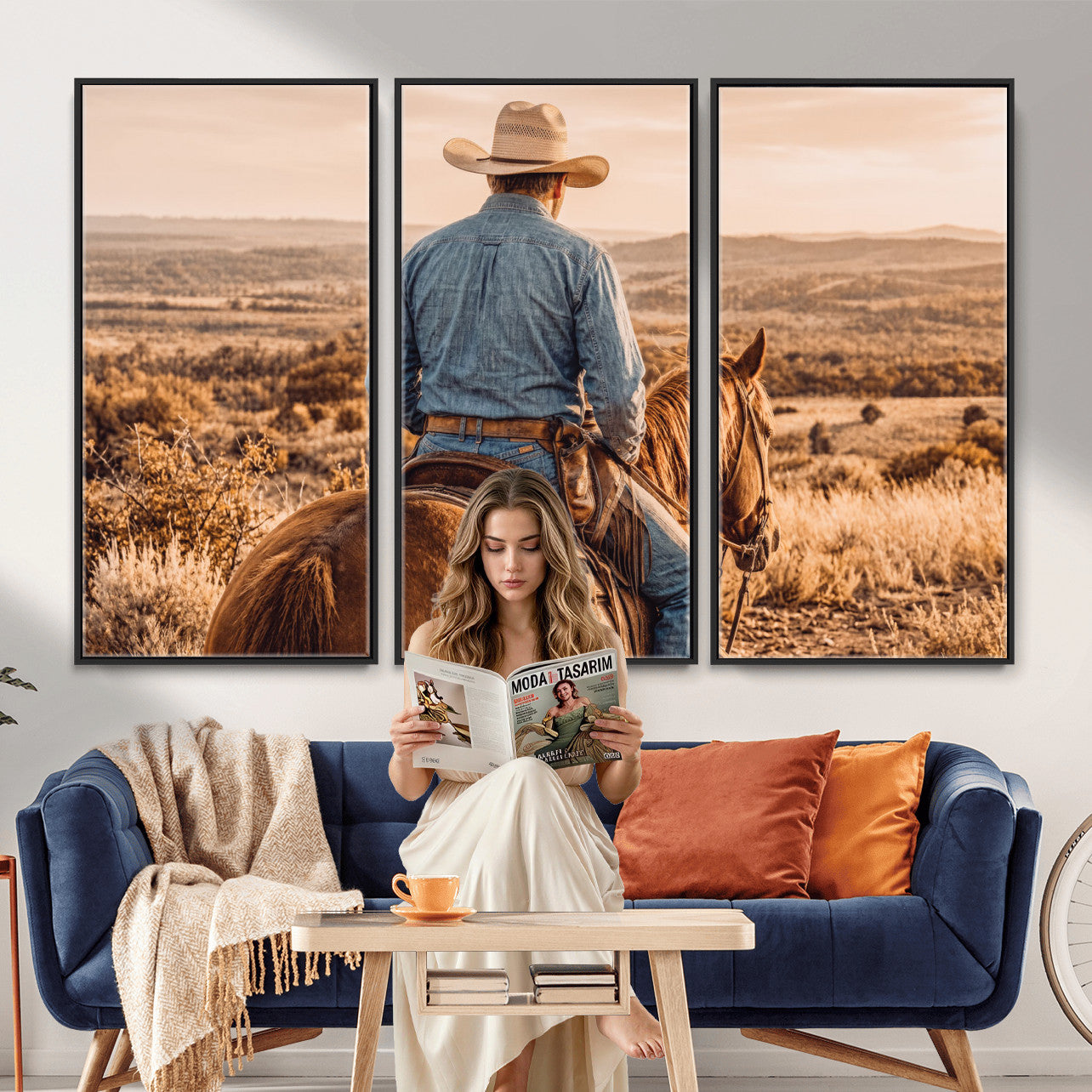 62076449-MGV-CV-36X24 - Texas Cowboy and Horse Print for Western Wall Art Decor for Farmhouse