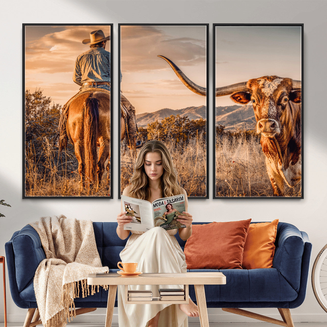 62076449C-MGV-CV-36X24 - Texas Cowboy and Longhorn Bull Print for Western Wall Art Decor for Farmhouse