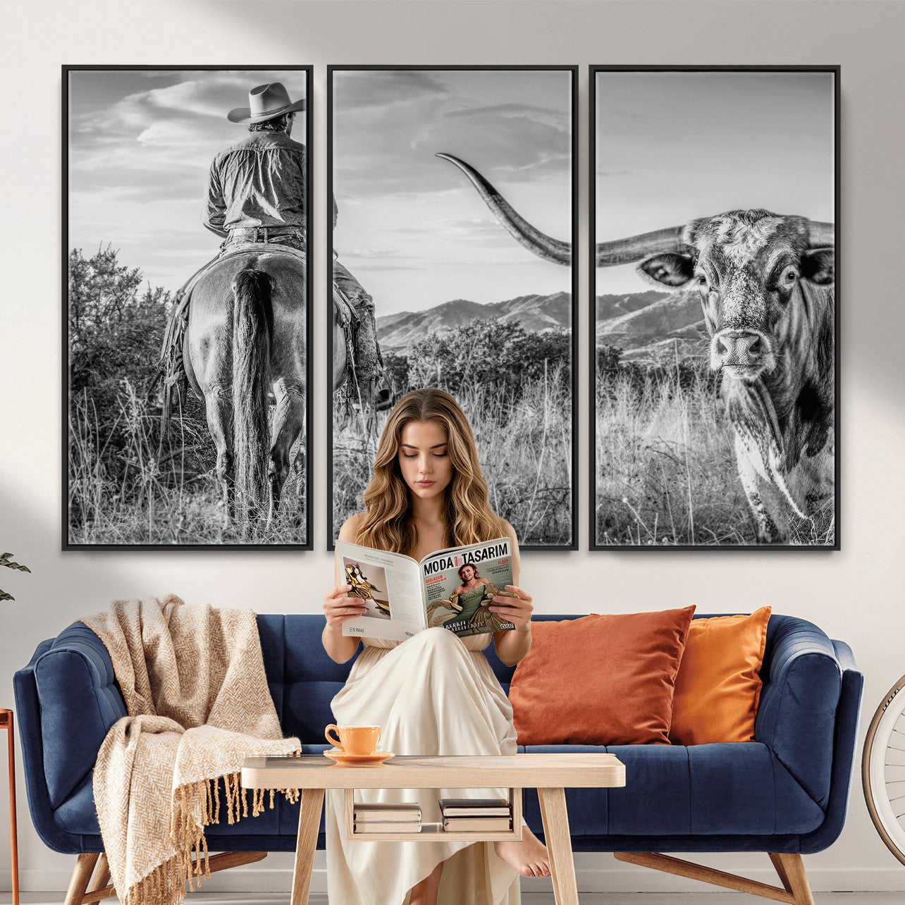 62076449WB-MGV-CV-36X24 - Texas Cowboy and Longhorn Bull Print for Western Wall Art Decor for Farmhouse