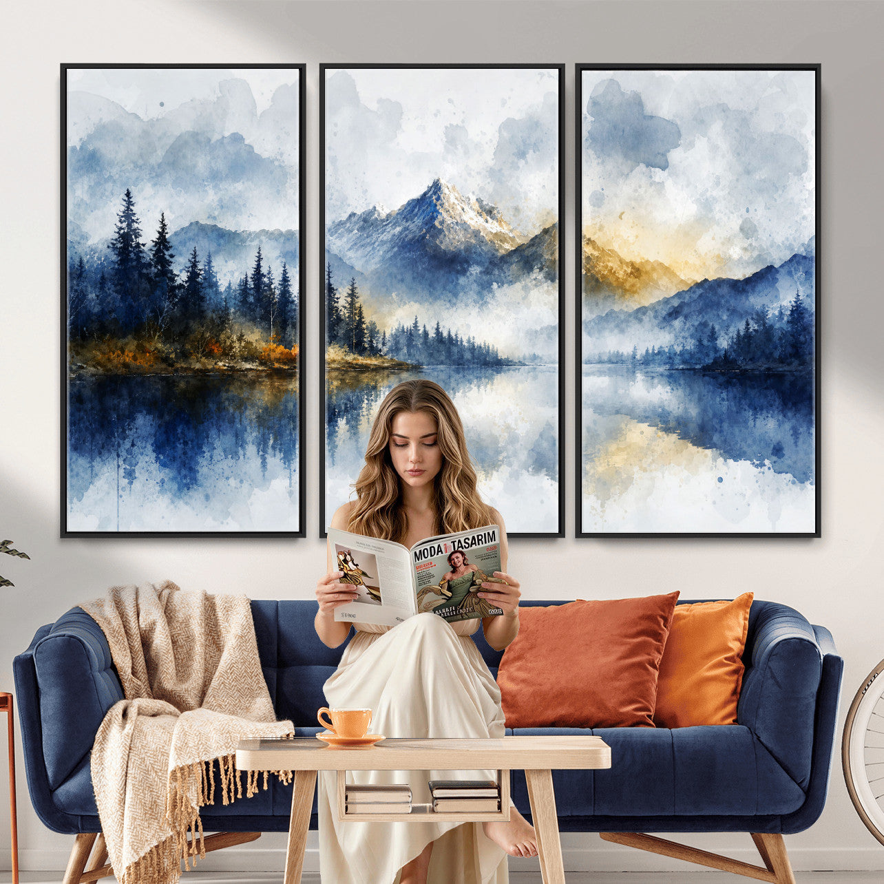 62076449DG-MGV-CV-36X24 - Abstract Watercolor Mountain Lake Wall Art Print for Living Room Decor