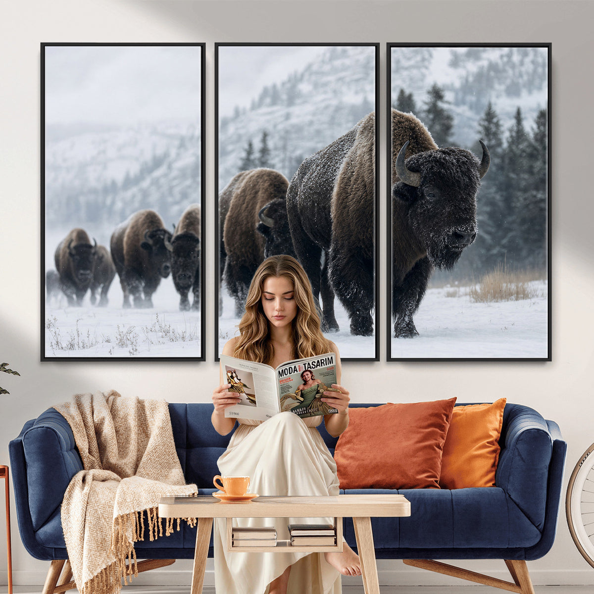 18343289-MGV-CV-36X24 - Rustic Bison Wall Art, American Buffalo Photo Print, Wildlife Canvas Artwork, Snowy Mountain Decor, Large Nature Poster, Cabin Gift Idea