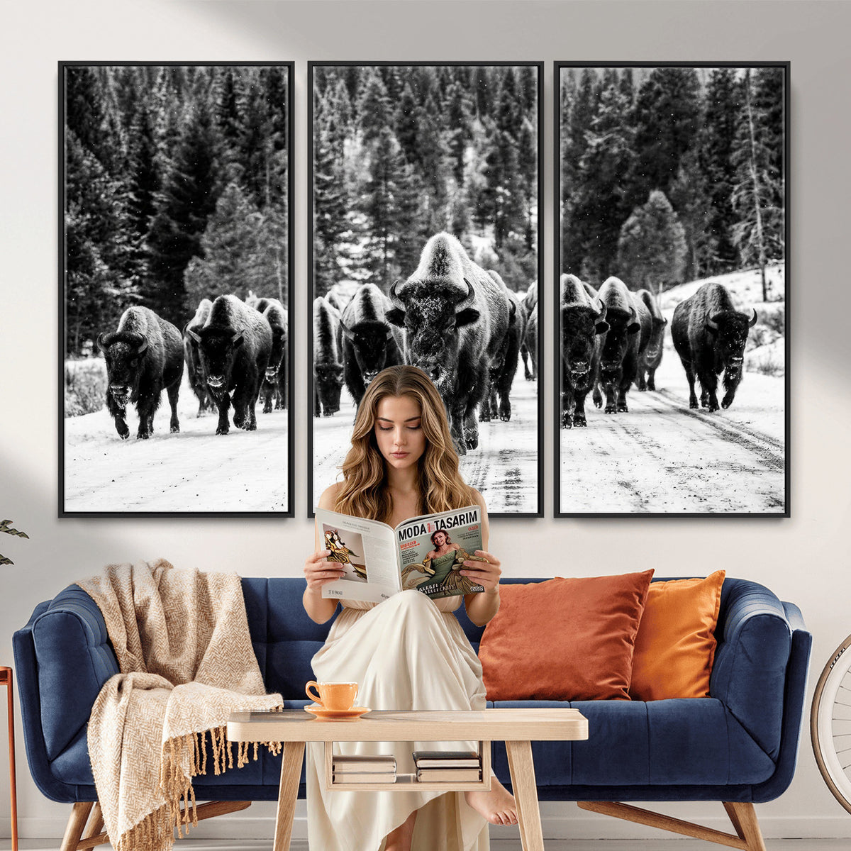 79337077-MGV-CV-36X24 - Black and White Bison Canvas Art, American Buffalo Print, Winter Wildlife Photography, Rustic Forest Wall Decor, Large Statement Nature Gift
