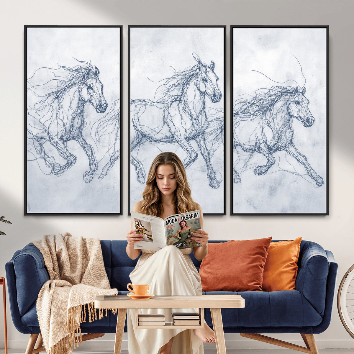 41163601-MGV-CV-36X24 - Indigo Blue Horse Line Art Canvas, Steel Grey Wild Horses Print, Abstract Navy Scribble Artwork, Modern Slate Equine Wall Decor, Coastal Ranch Gift