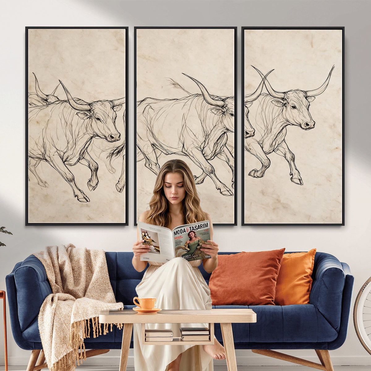 87177621-MGV-CV-36X24 - Minimalist Longhorn Line Art, Modern Texas Bull Canvas Print, Abstract Western Wall Decor, Continuous Line Artwork, Black White Ranch Gift