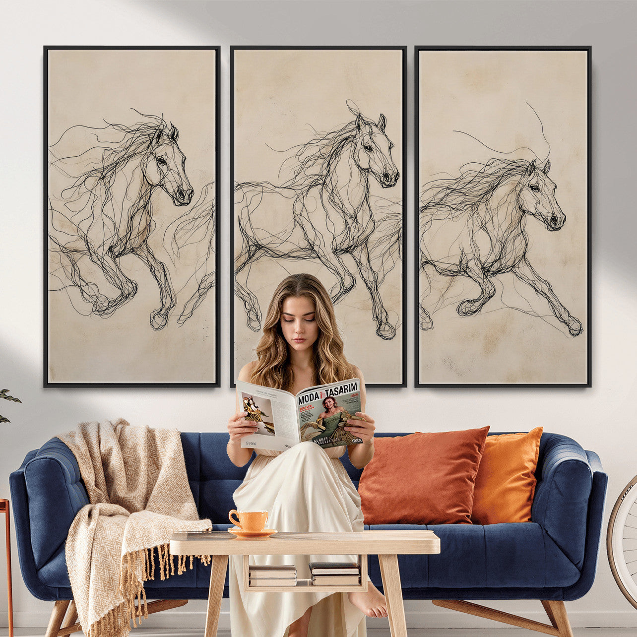 81051673-MGV-CV-36X24 - Abstract Horse Line Art Canvas, Gesture Sketch Wild Horses Print, Modern Scribble Artwork, Minimalist Equine Wall Decor, Rustic Studio Gift