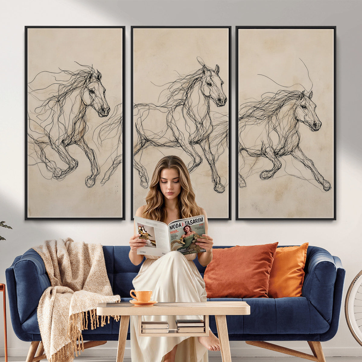 81051673-MGV-CV-36X24 - Abstract Horse Line Art Canvas, Gesture Sketch Wild Horses Print, Minimalist Equine Decor