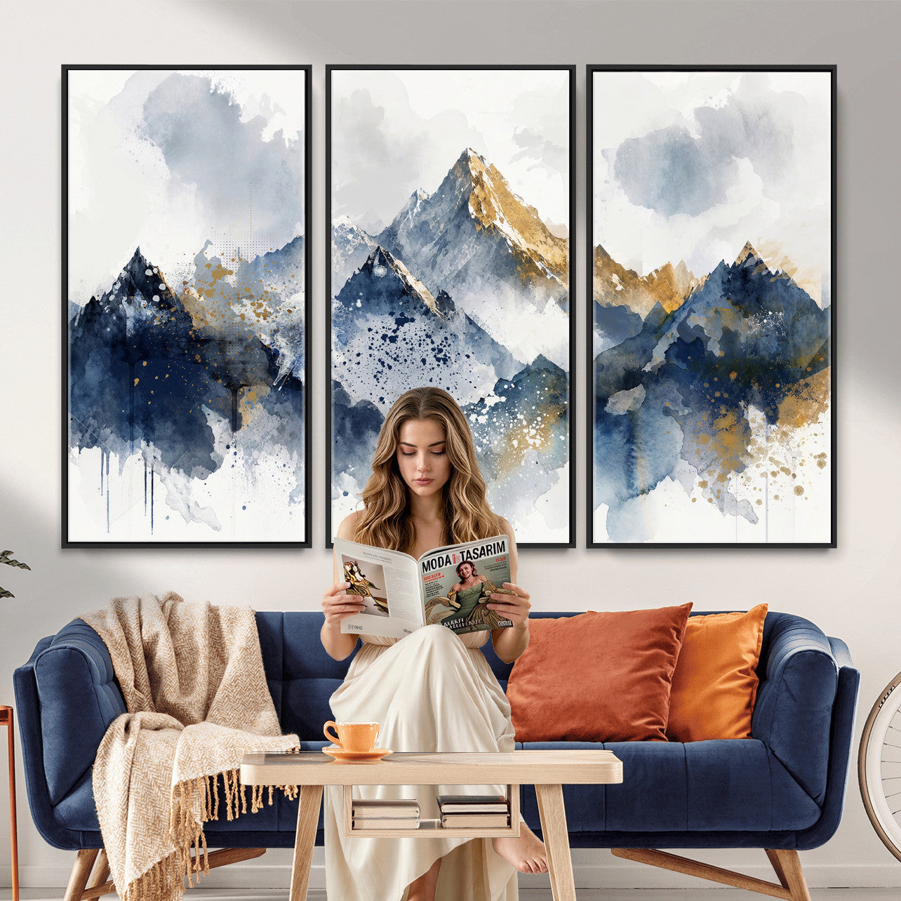 87460616-MGV-CV-36X24 - Abstract Mountain Canvas Wall Art, Blue Gold Foil Landscape Print, Modern Indigo Watercolor Poster, Large Abstract Nature, Luxury Office Gift