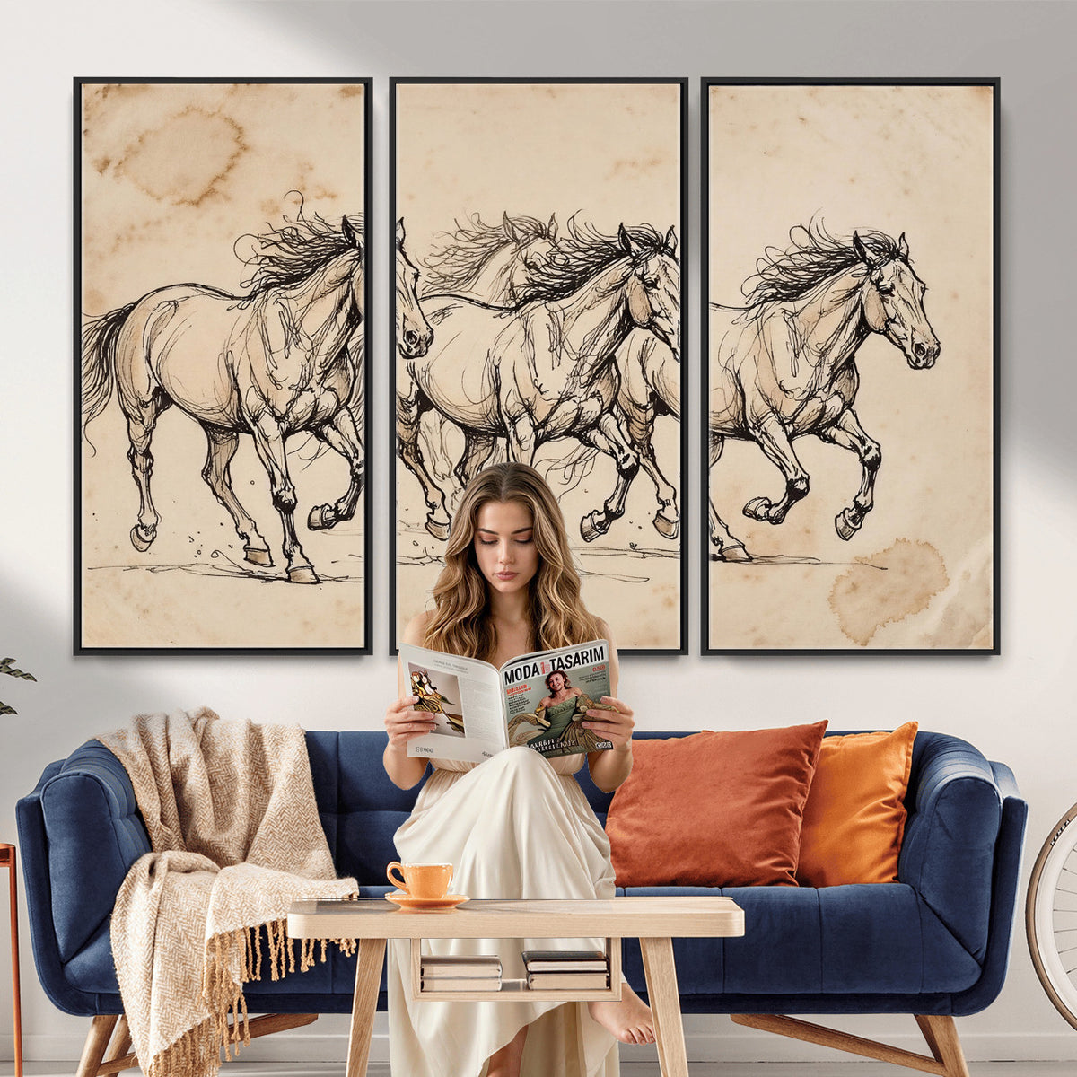 18242163-MGV-CV-36X24 - Vintage Horse Sketch Canvas Wall Art, Wild Horses Pencil Drawing Print, Antique Parchment Western Decor, Equine Sketching, Country Manor Gift