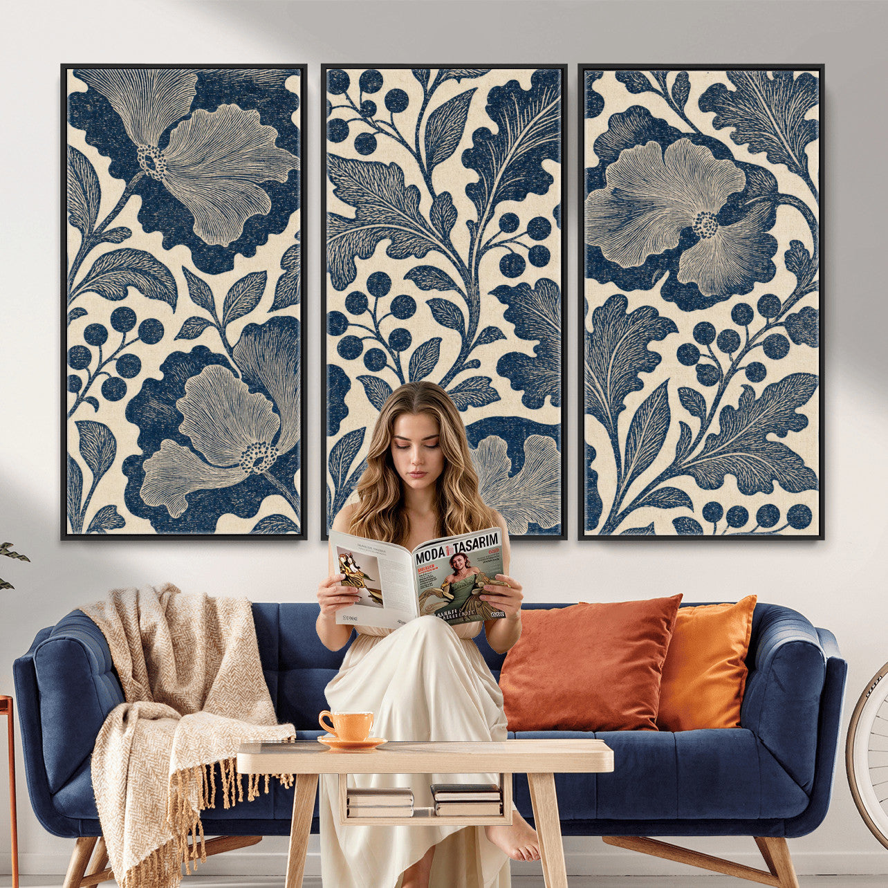 23824002-MGV-CV-36X24 - William Morris Style Navy Blue Floral Wall Art Canvas Print, Vintage Cream Botanical Painting Print