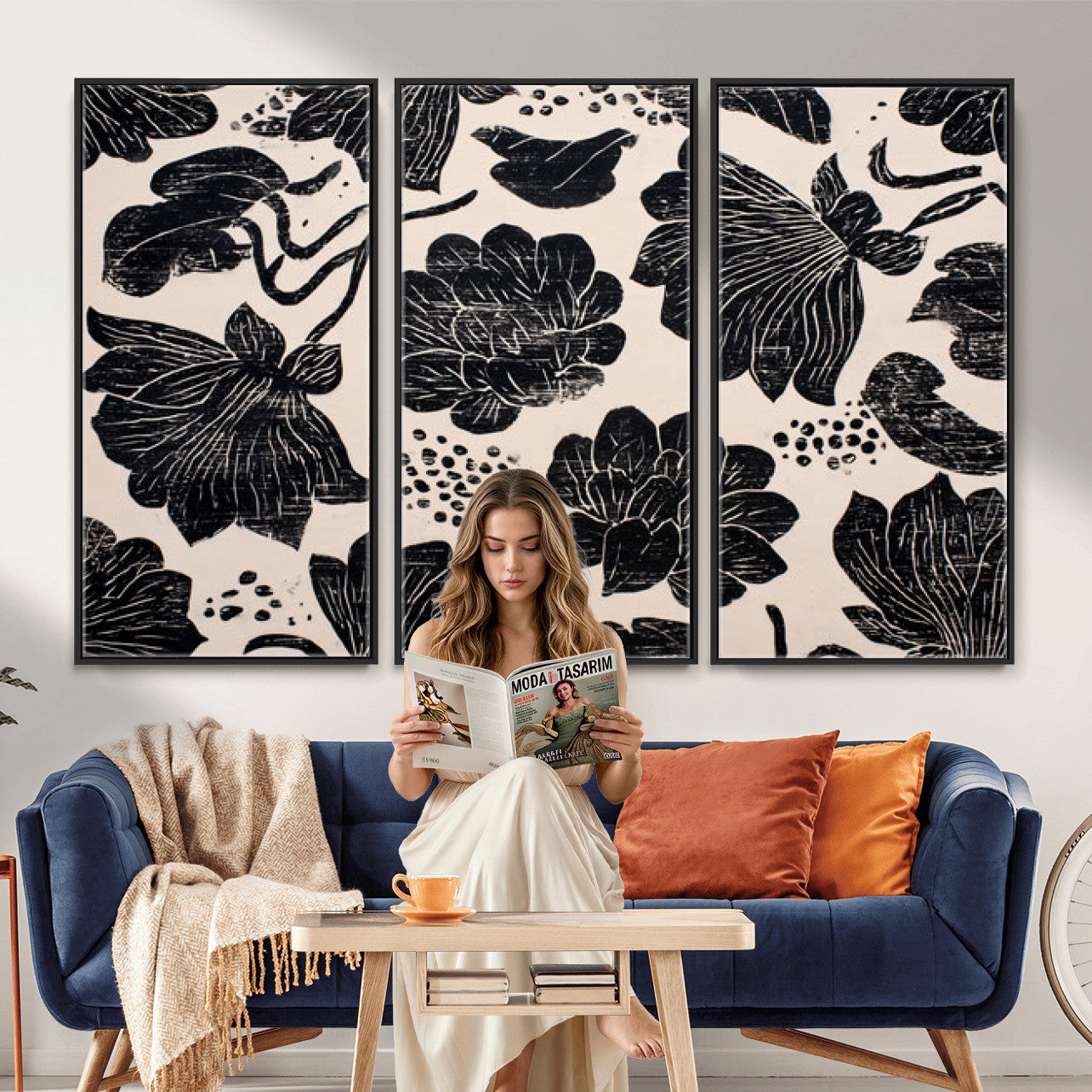81787117-MGV-CV-36X24 - Linocut Black Lotus Floral Wall Art Canvas Print, Vintage Monochrome Botanical Painting Print