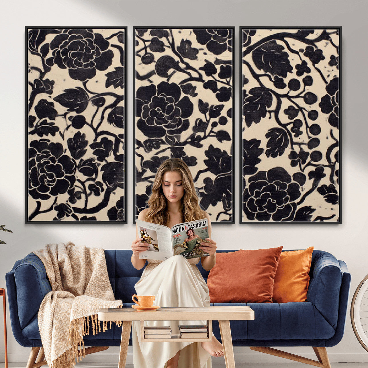 86696255-MGV-CV-36X24 - Vintage Black and Cream Floral Wall Art Canvas Print, Chinoiserie Botanical Painting Print