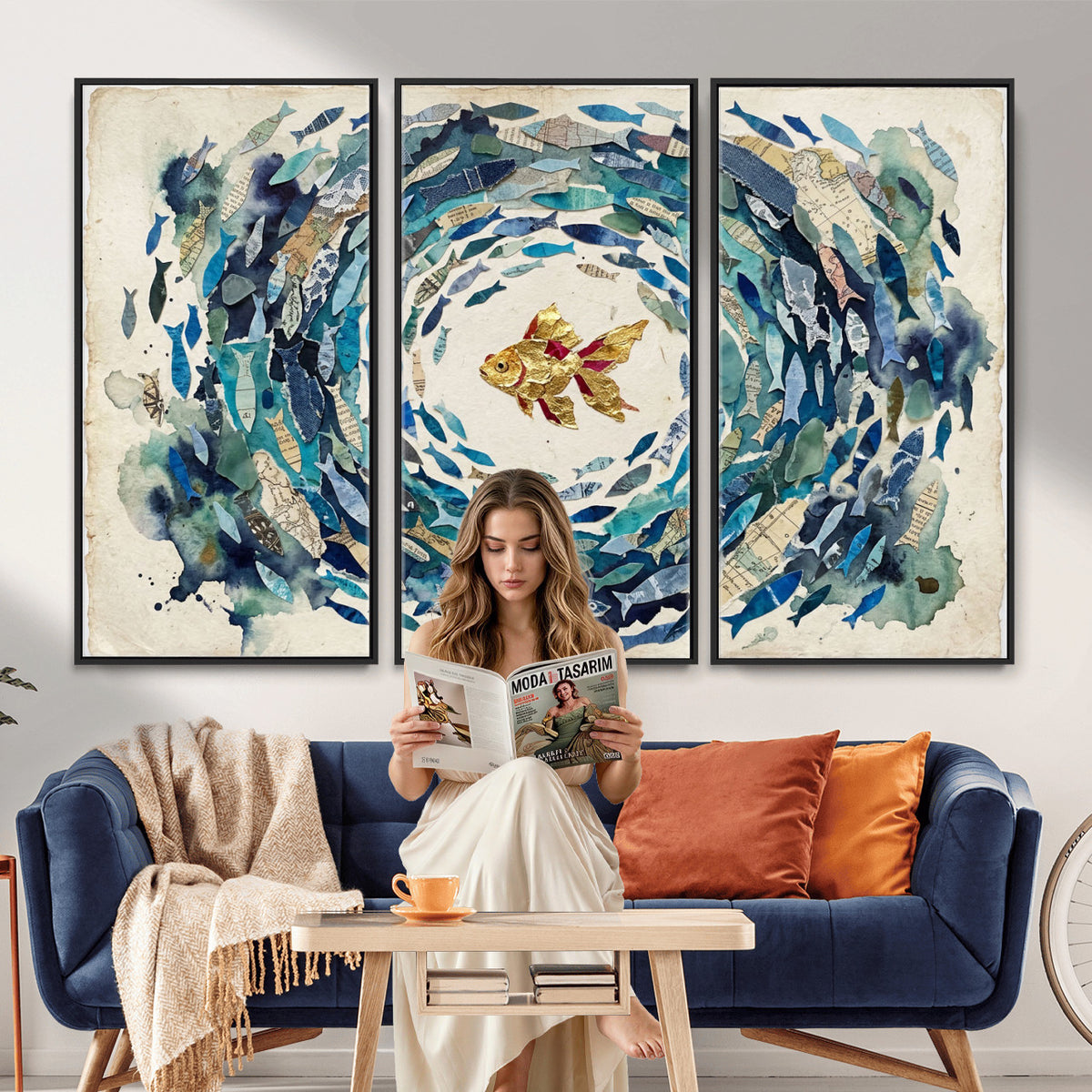 73165663-MGV-CV-36X24 - Mixed Media Blue Fish Swirl Canvas Wall Art, Goldfish Collage Ocean Print