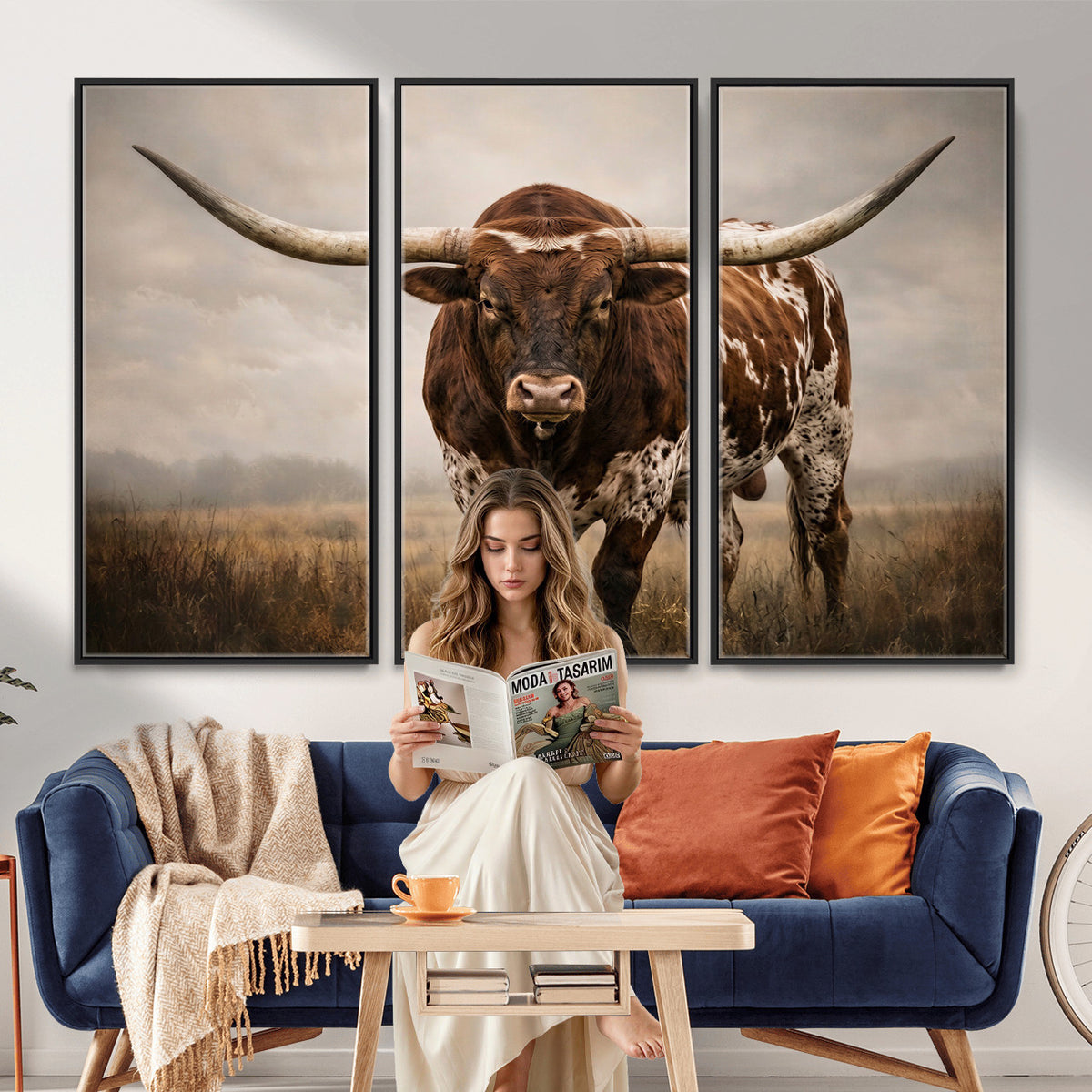25239047A-MGV-CV-36X24 - Texas Longhorn Canvas Wall Art Western Bull Desert Moody Grey Overcast Rustic Farmhouse Framed Large for Living Room Bedroom Office Decor