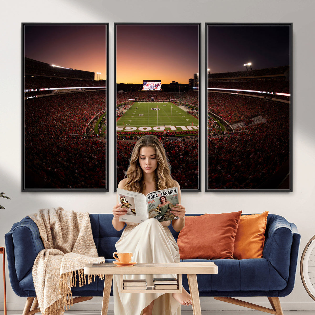 97720998-_Poster-30x20 - Georgia Bulldogs Stadium Sunset Canvas Print 3 Piece Framed Wall Art Extra Large Floating Frame Sports Poster Made in USA