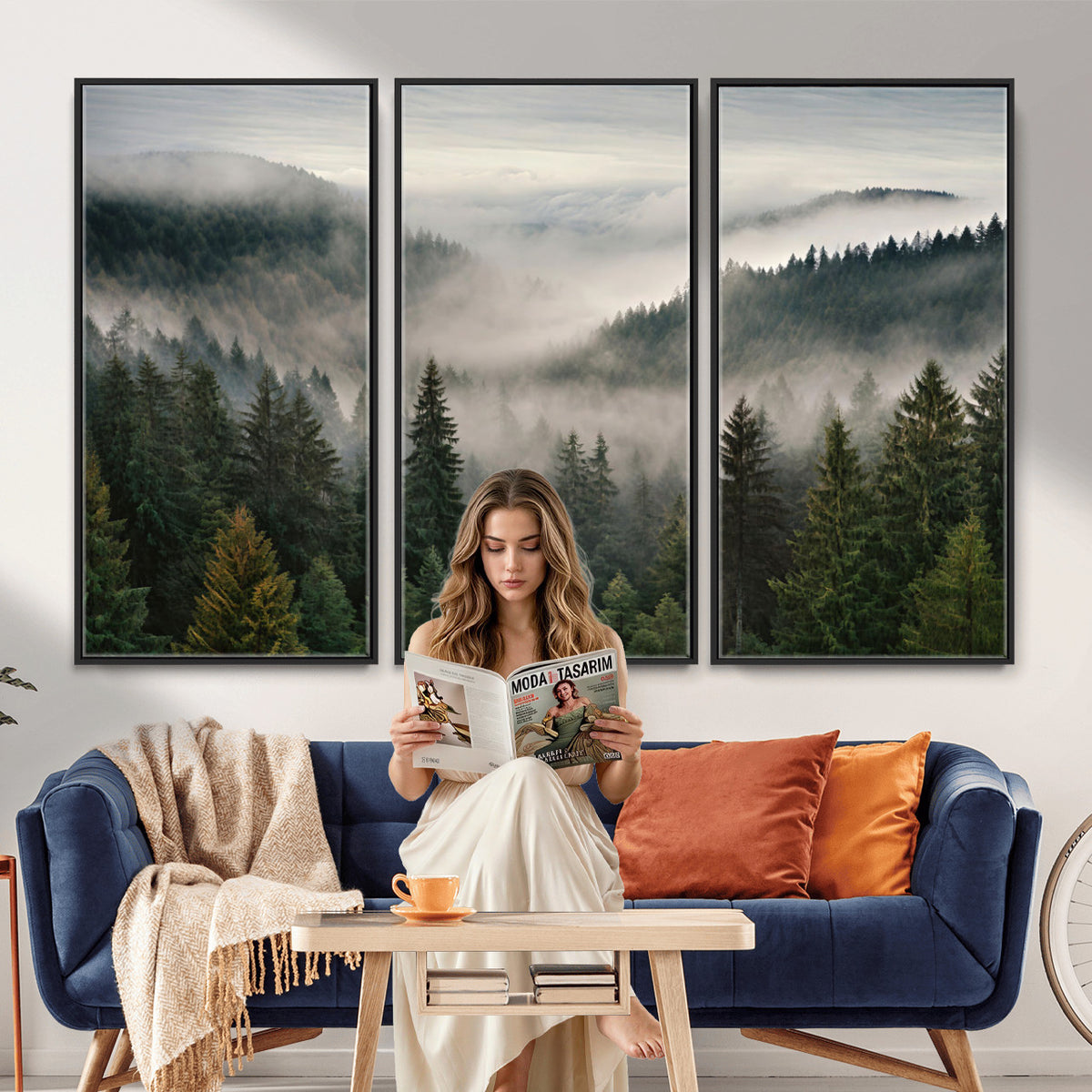 38409495-_Poster-30x20 - Misty Pine Valley Mountain Canvas Print 3 Piece Framed Wall Art Extra Large Floating Frame Nature Poster Made in USA