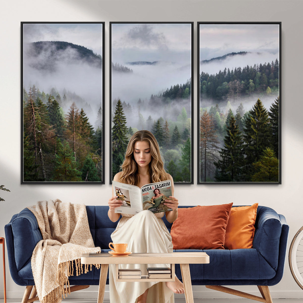 18735847-_Poster-30x20 - Foggy Pine Forest Mountain Canvas Print 3 Piece Framed Wall Art Extra Large Floating Frame Nature Poster Made in USA