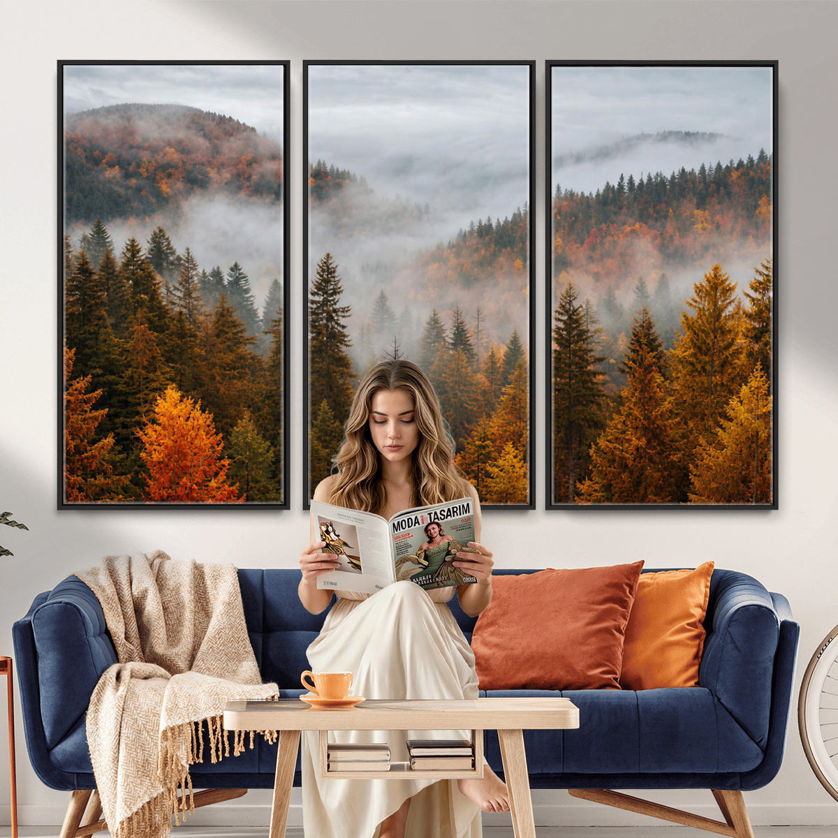 87481341-_Poster-30x20 - Foggy Autumn Mountain Canvas Print Smoky Pine Forest Wall Art Panoramic Nature Poster 3 Piece Made in USA