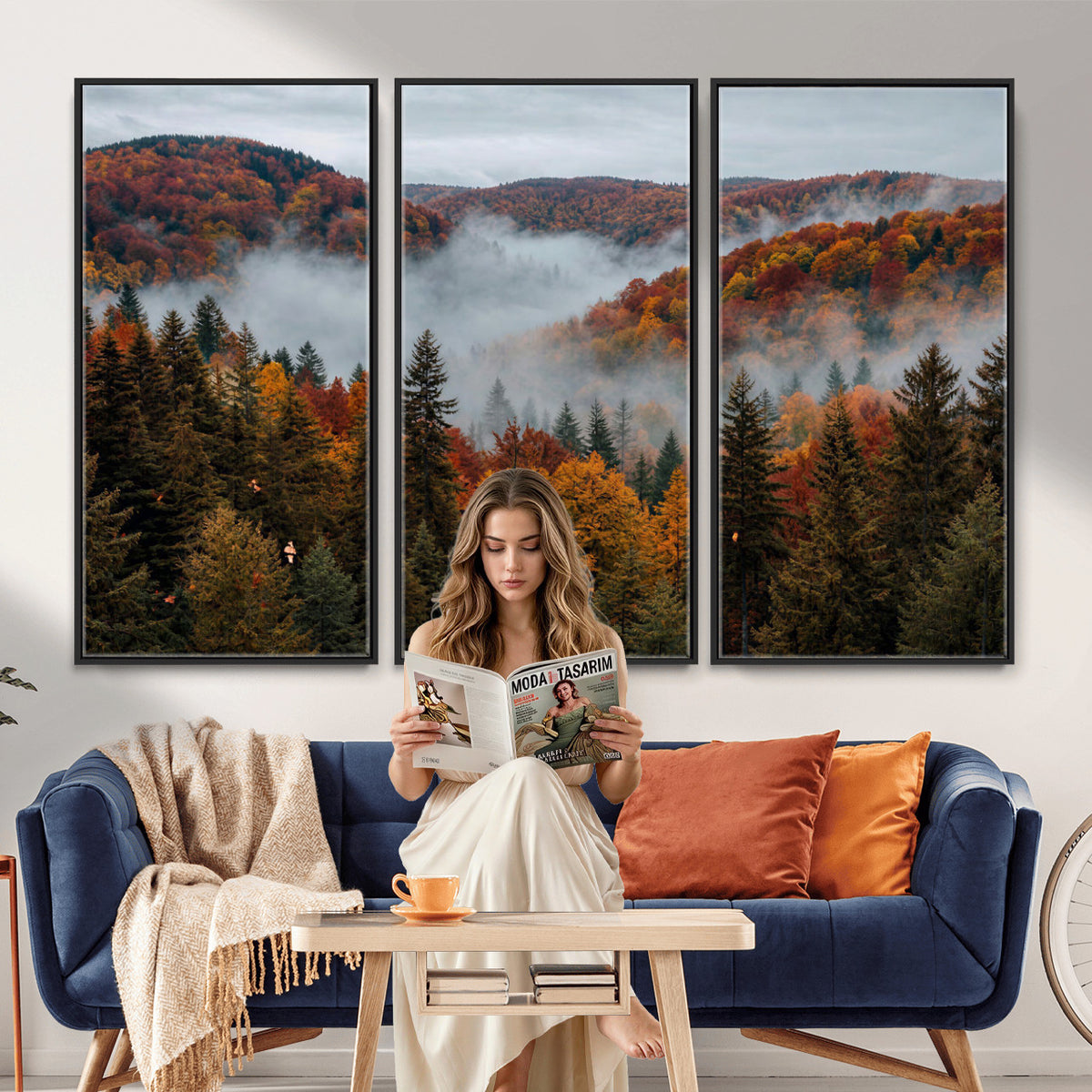 26686263-_Poster-30x20 - Misty Autumn Forest Mountain Canvas Print 3 Panel Wall Art Gallery Wrapped Floating Frame Poster Made in USA