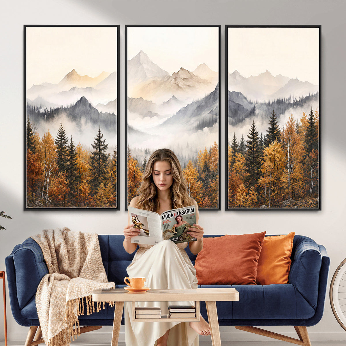 19544118-MGV-TP-30X20 - Misty Mountain Autumn Forest Canvas Wall Art - Watercolor Fall Nature Landscape Print