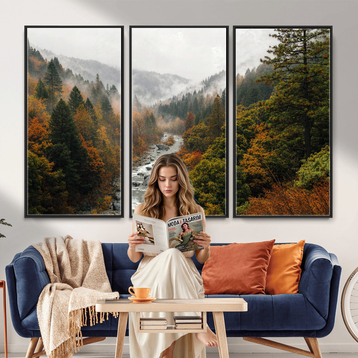 95540697-MGV-TP-30X20 - Misty River Mountain Valley Canvas Wall Art - Autumn Forest Landscape Nature Print