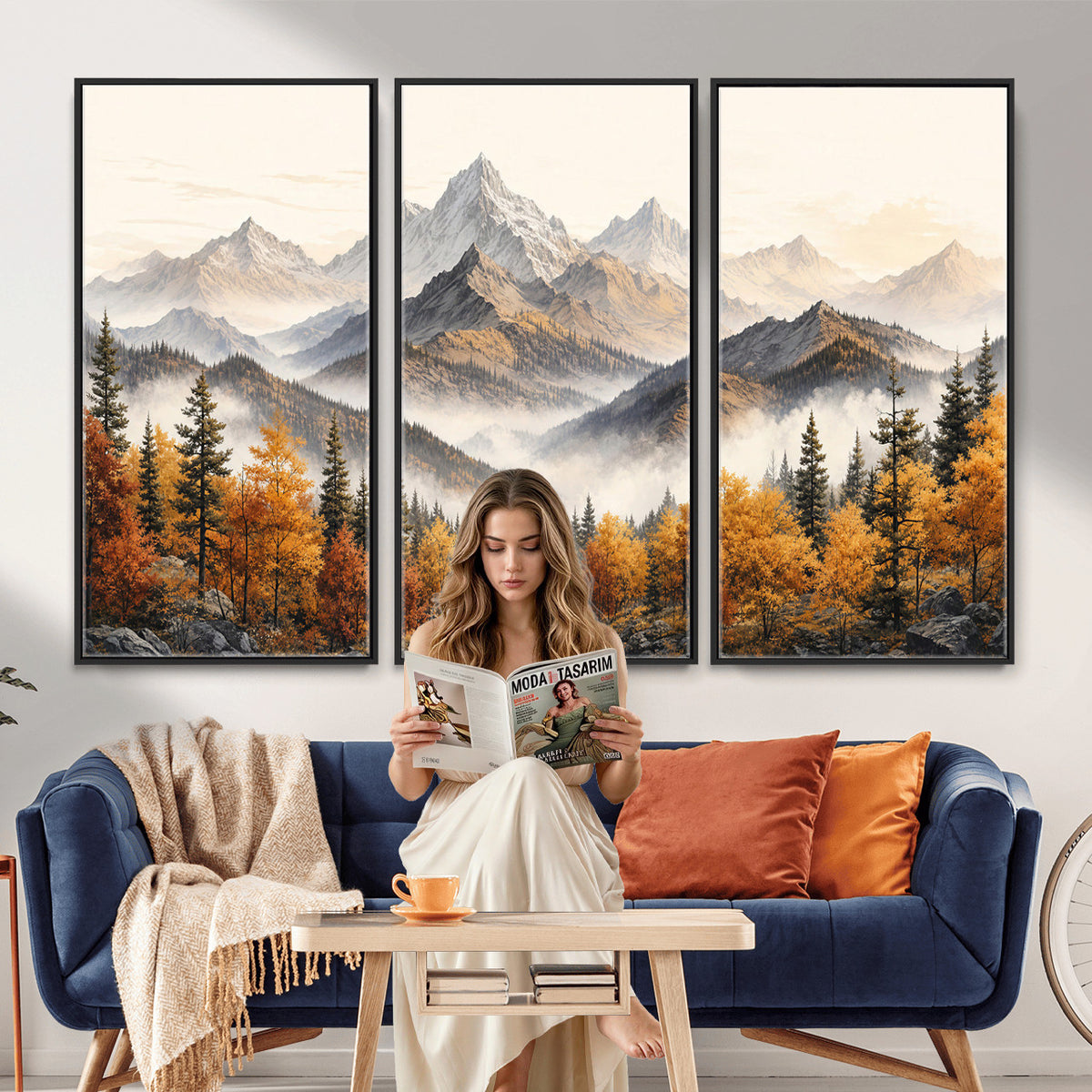 21309099-MGV-TP-30X20 - Extra Large Misty Mountain Autumn Forest Canvas Wall Art - Watercolor Fall Nature Landscape Print