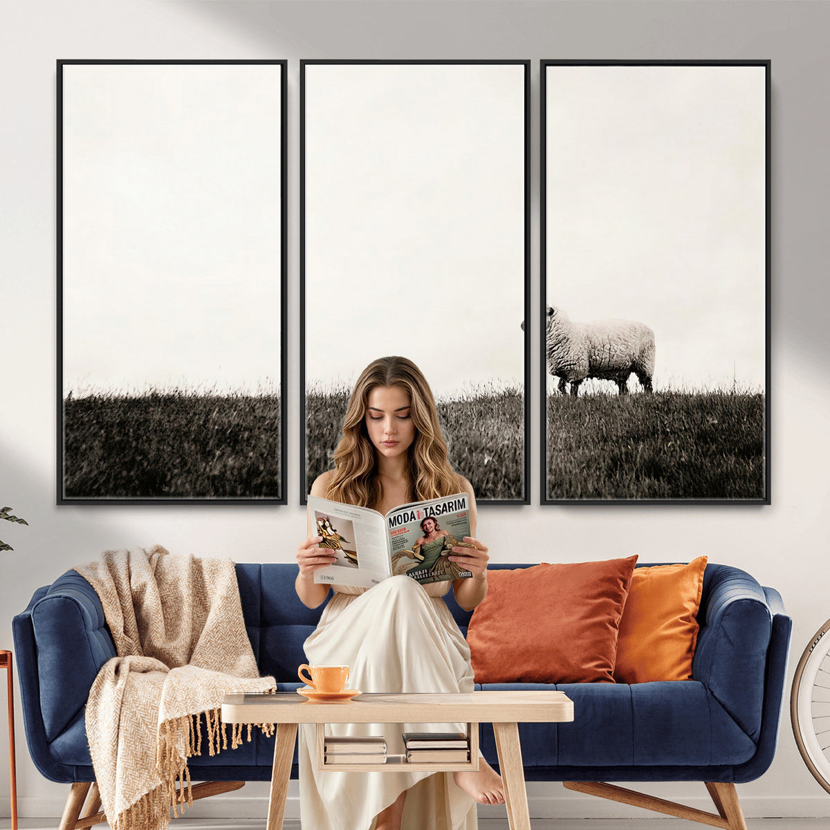 72749448-MGV-TP-30X20 - Minimalist Sepia Sheep Canvas Wall Art - Rustic Farmhouse Country Landscape Print