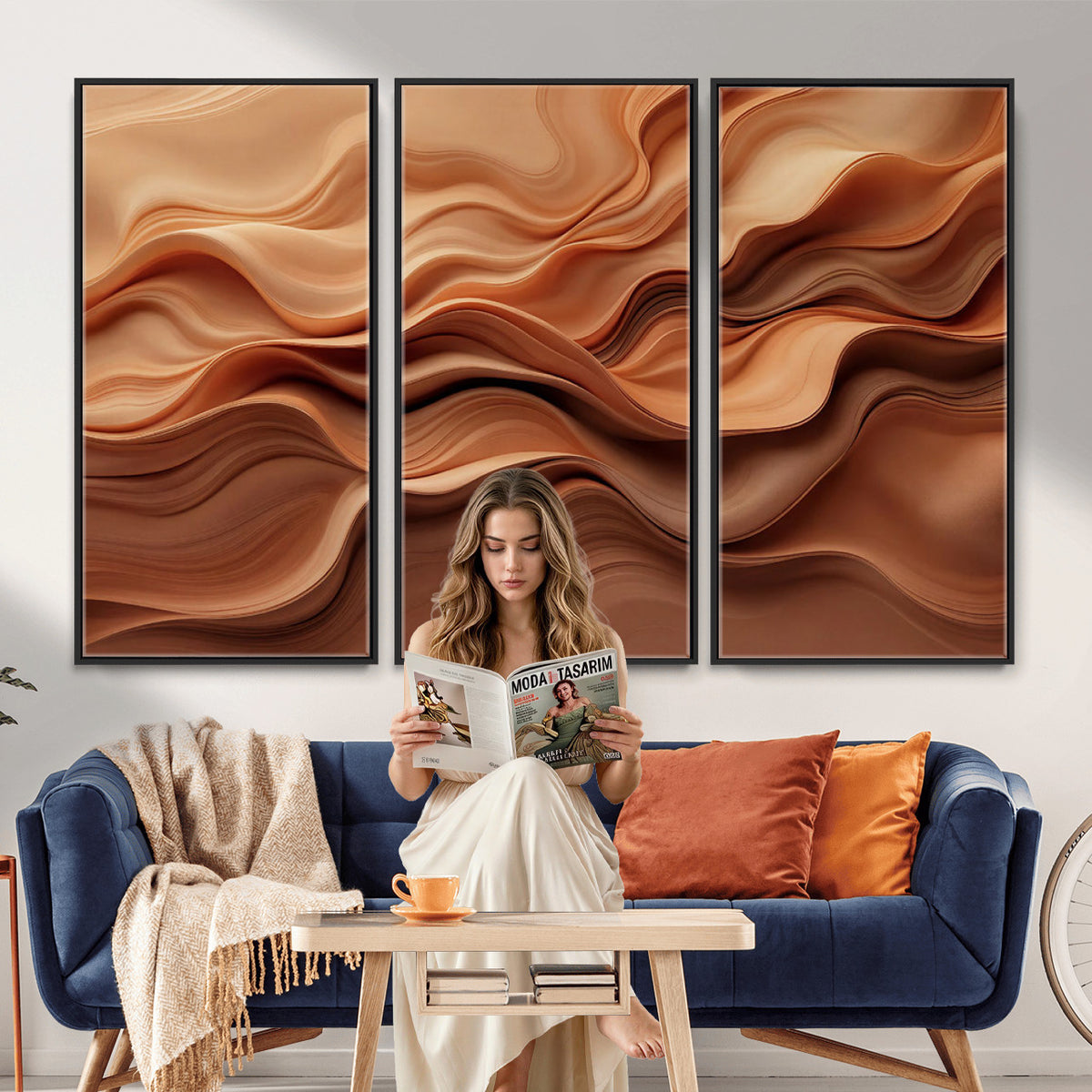 82230697-MGV-CV-36X24 - Modern Abstract Fluid Waves Canvas Wall Art - Minimalist Warm Terracotta Beige Sand Print
