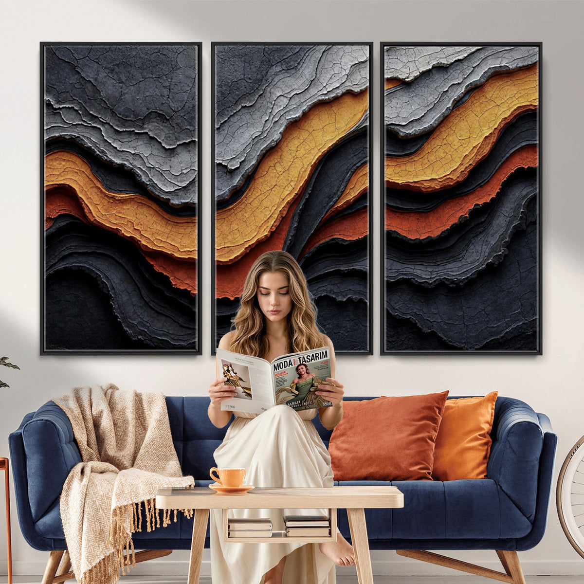 59852489-MGV-CV-36X24 - Abstract Waves Canvas Wall Art - Modern Terracotta and Charcoal Gray Print