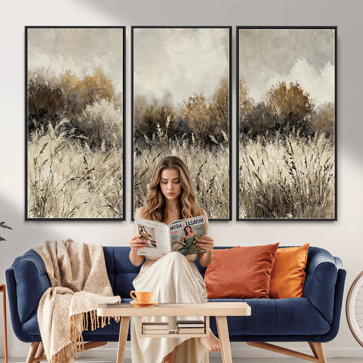 53959945-MGV-TP-30X20 - Muted Neutral Forest Landscape Canvas Wall Art - Vintage Rustic Wildflower Meadow Print