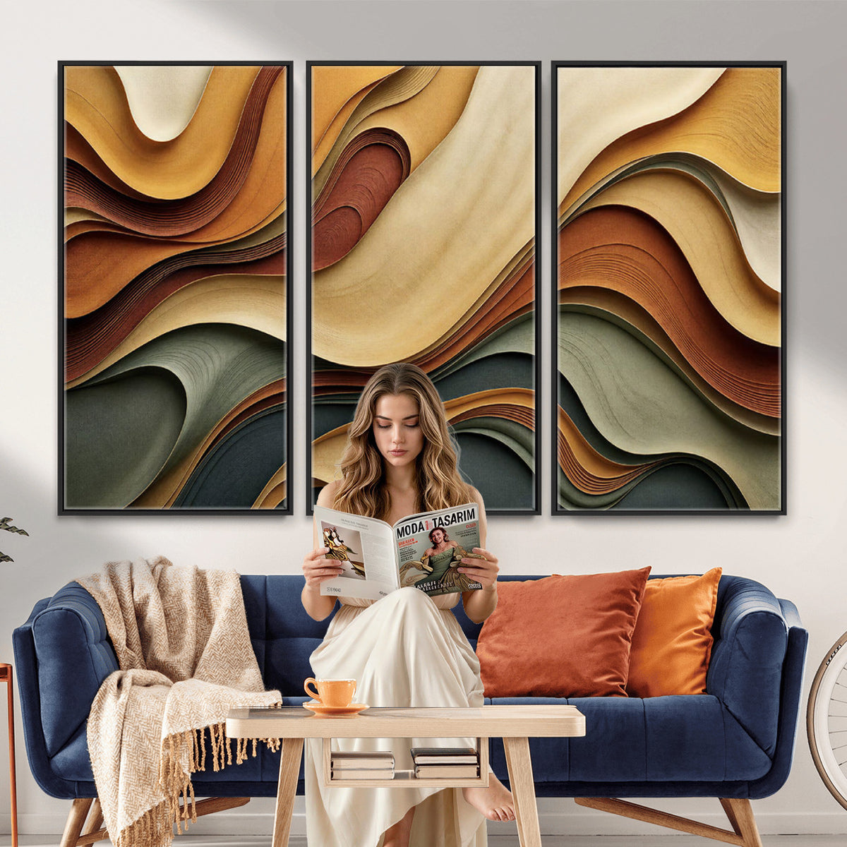 19337902-MGV-CV-36X24 - Modern Abstract Waves Canvas Wall Art - Minimalist Earthy Tone Living Room Decor