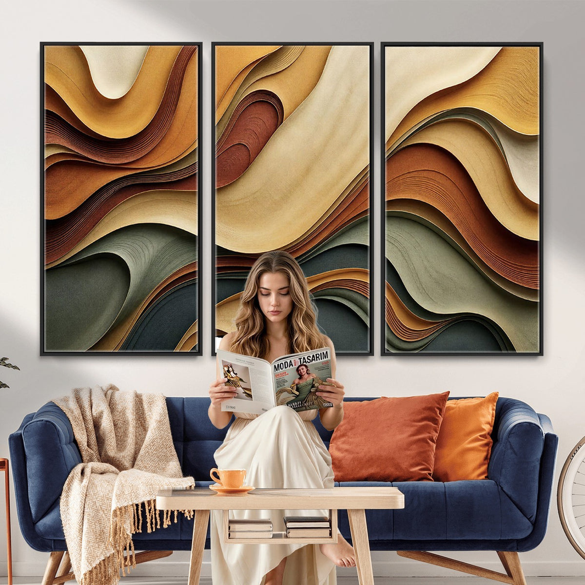 19337902-_Poster-30x20 - Modern Abstract Waves Canvas Wall Art - Minimalist Earthy Tone Living Room Decor