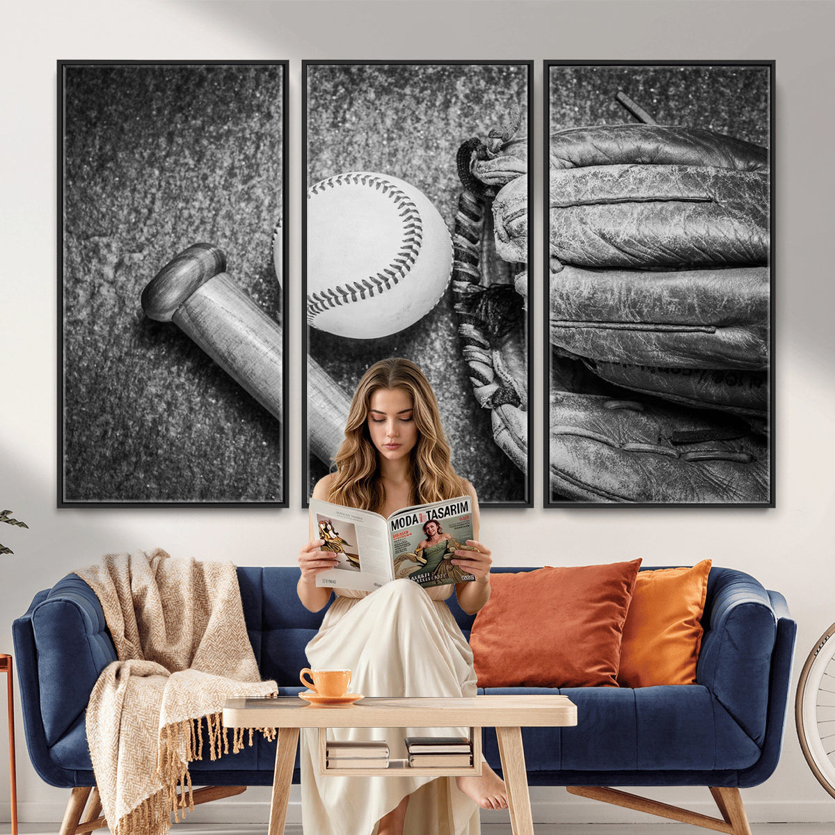 83916D-MGV-CV-36X24 - Vintage Baseball Glove and Bat Sports Wall Art Canvas Print
