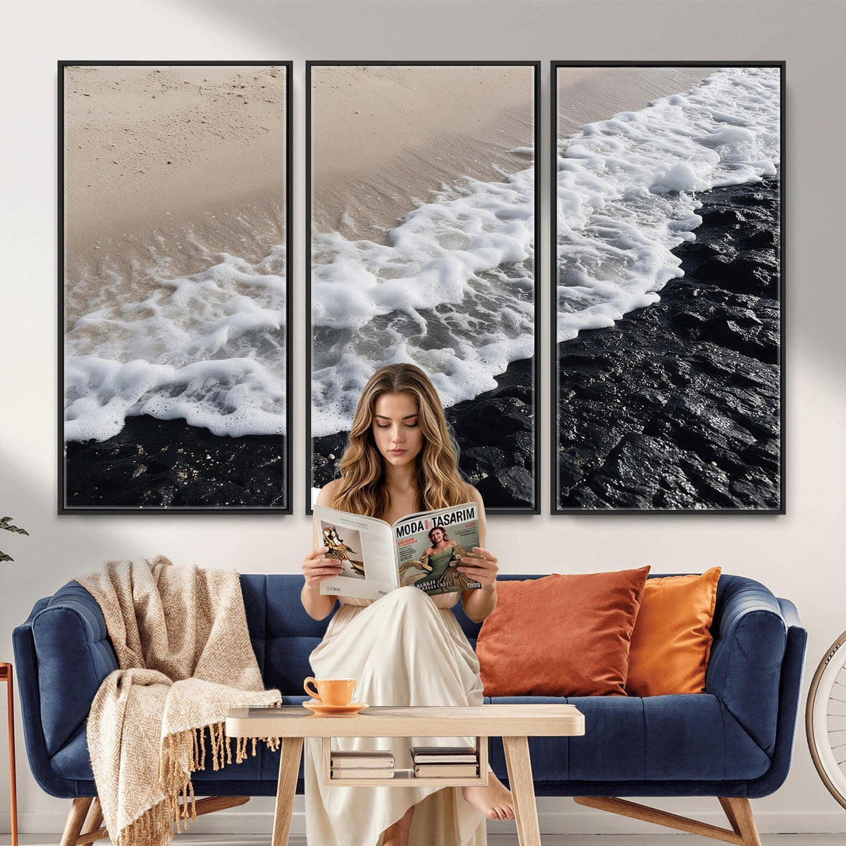 27448606-MGV-CV-24X16 - Ocean Wave Foam on Black Lava Rock Beach Canvas Wall Art Print