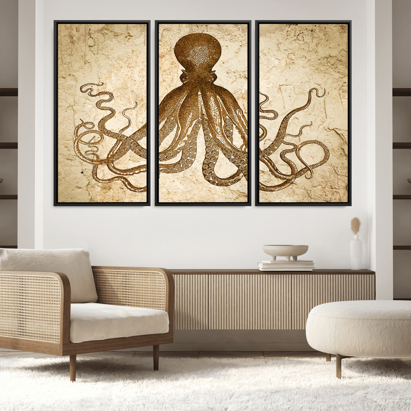 96154-MGV-FC-60X40-3P_Black-Sepia Octopus Wall Art Abstract Animal Canvas Print
