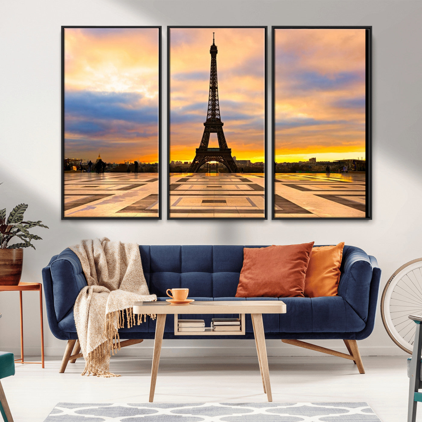MGV-FC-48X32-3P - Paris Eiffel Tower Sunset Canvas Wall Art Print - Iconic Landmark Decor with Vibrant Colors