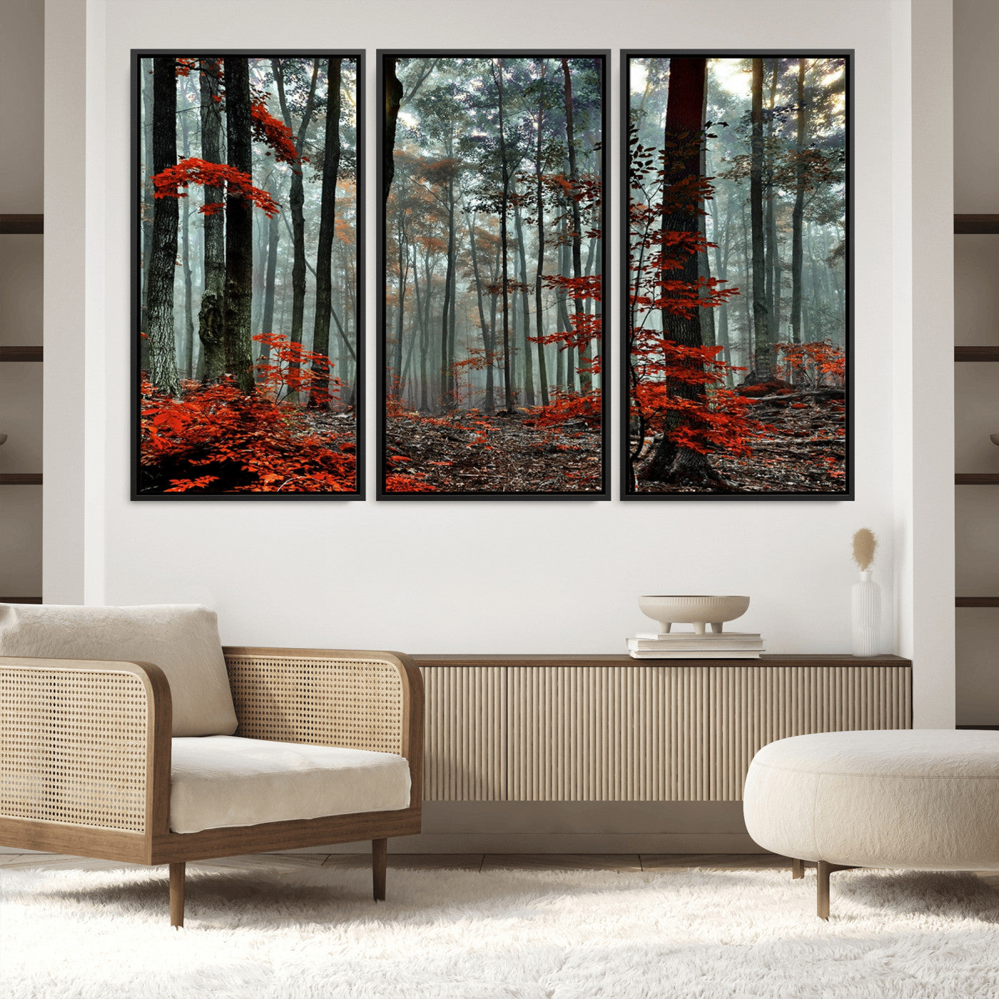 59209-MGV-FC-60X40-3P_Black-Autumn Forest Canvas Wall Art – Enchanting Red Leaves Triptych Print – Nature-Inspired Decor for Living Room or Office – Ready to Hang