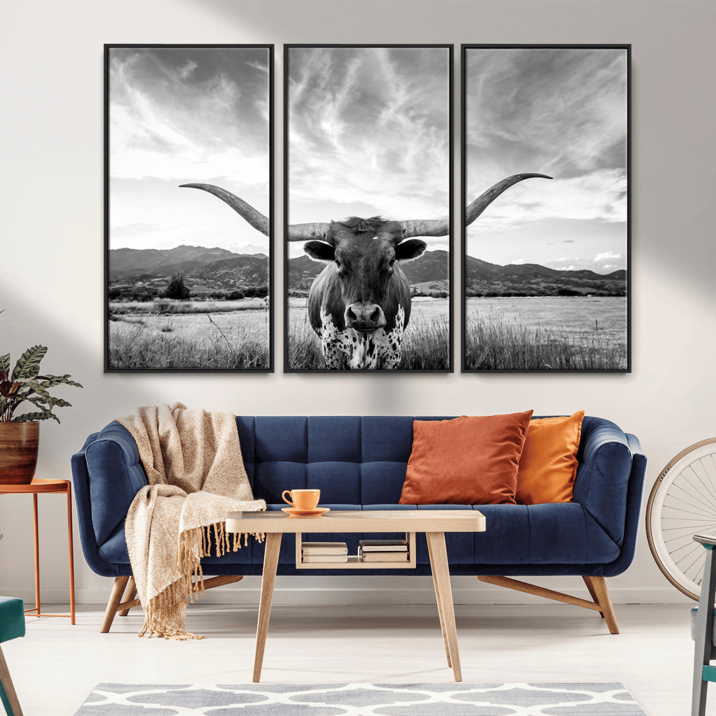 MGV-FC-48X32-3P - Longhorn Cow Wall Art Canvas Print Farmhouse Wall Art - Texas Longhorn Wall Art Print