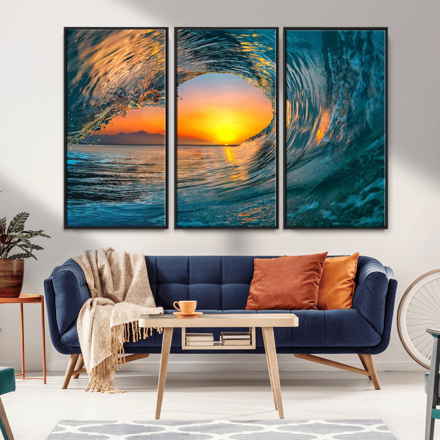 MGV-FC-48X32-3P - Ocean Wave Sunset Wall Art | Large Coastal Wave Canvas Print | 3-Panel Ocean Sunset Seascape for