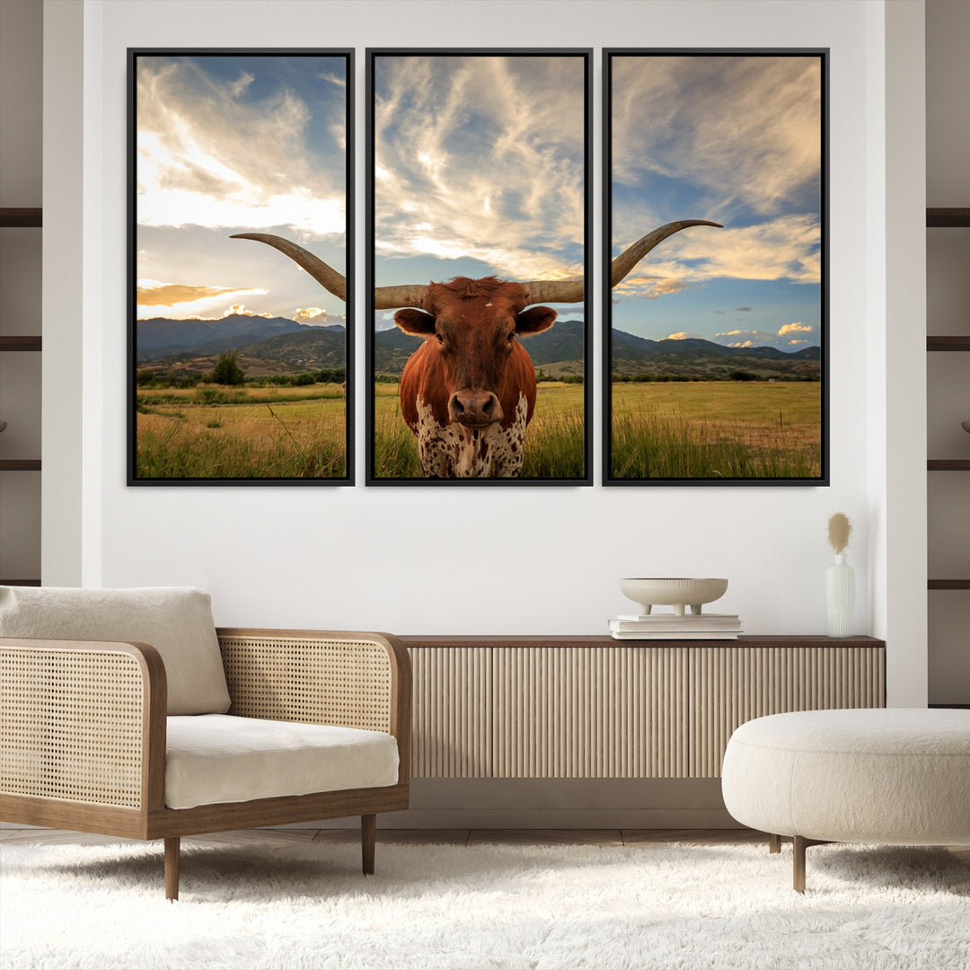 Texas Longhorn Canvas Wall Art – Majestic Triptych Animal Print – Rustic Western Decor for Living Room or Office – Ready to Hang