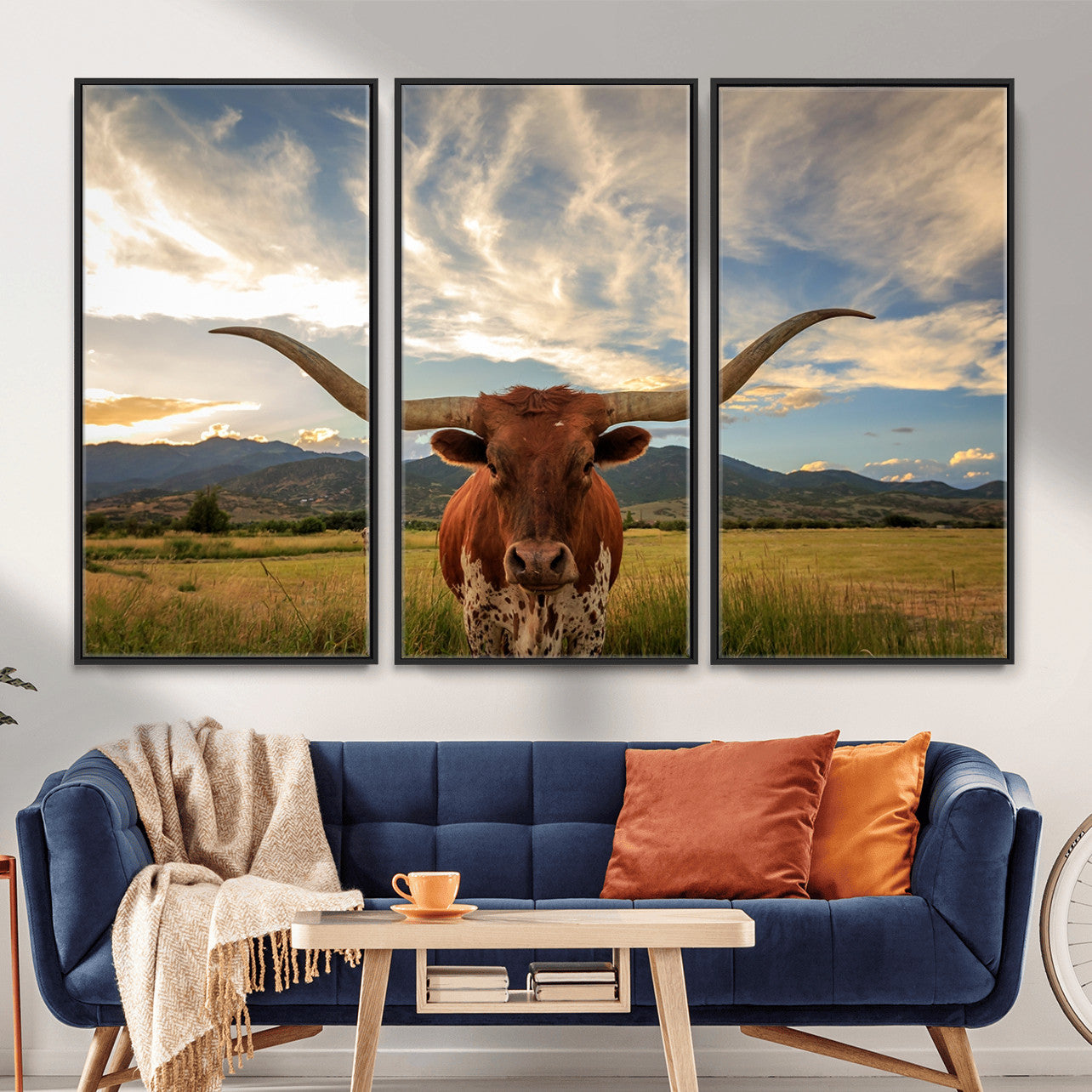 55416-MGV-CV-36X24 - Texas Longhorn Canvas Wall Art – Majestic Triptych Animal Print – Rustic Western Decor for Living Room