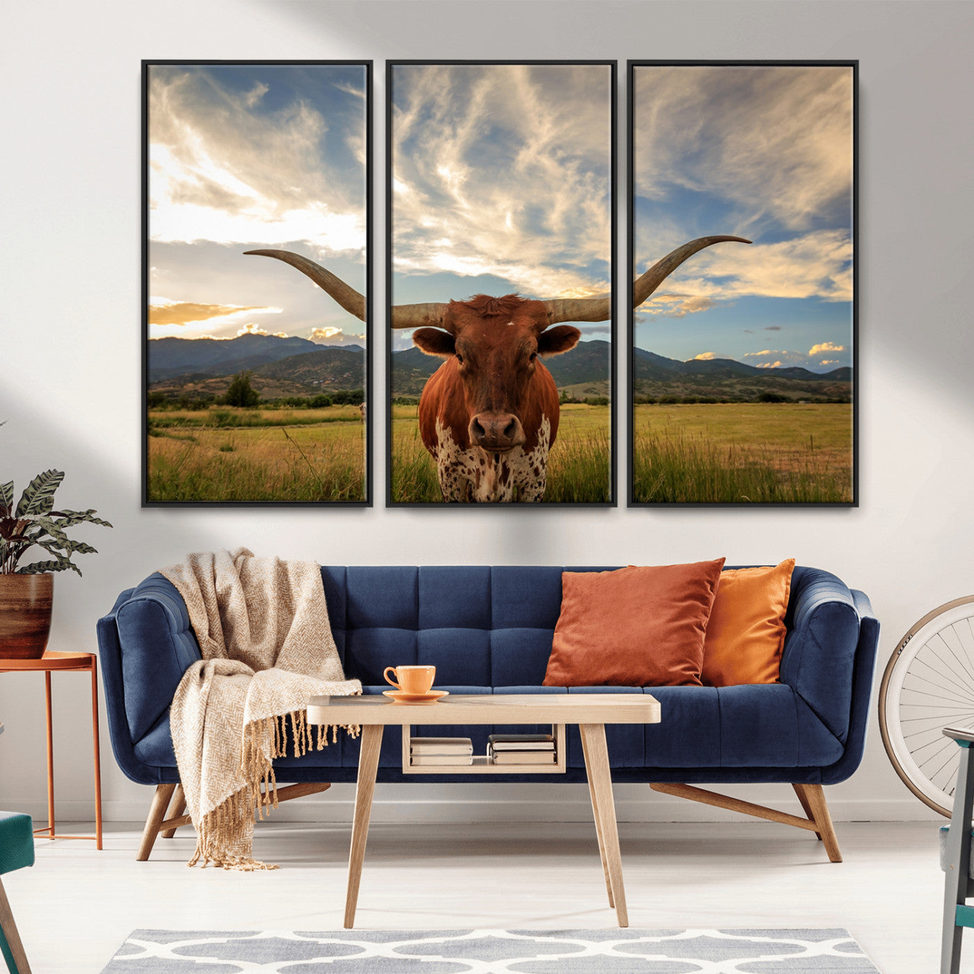 MGV-FC-48X32-3P - Texas Longhorn Canvas Wall Art – Majestic Triptych Animal Print – Rustic Western Decor for Living