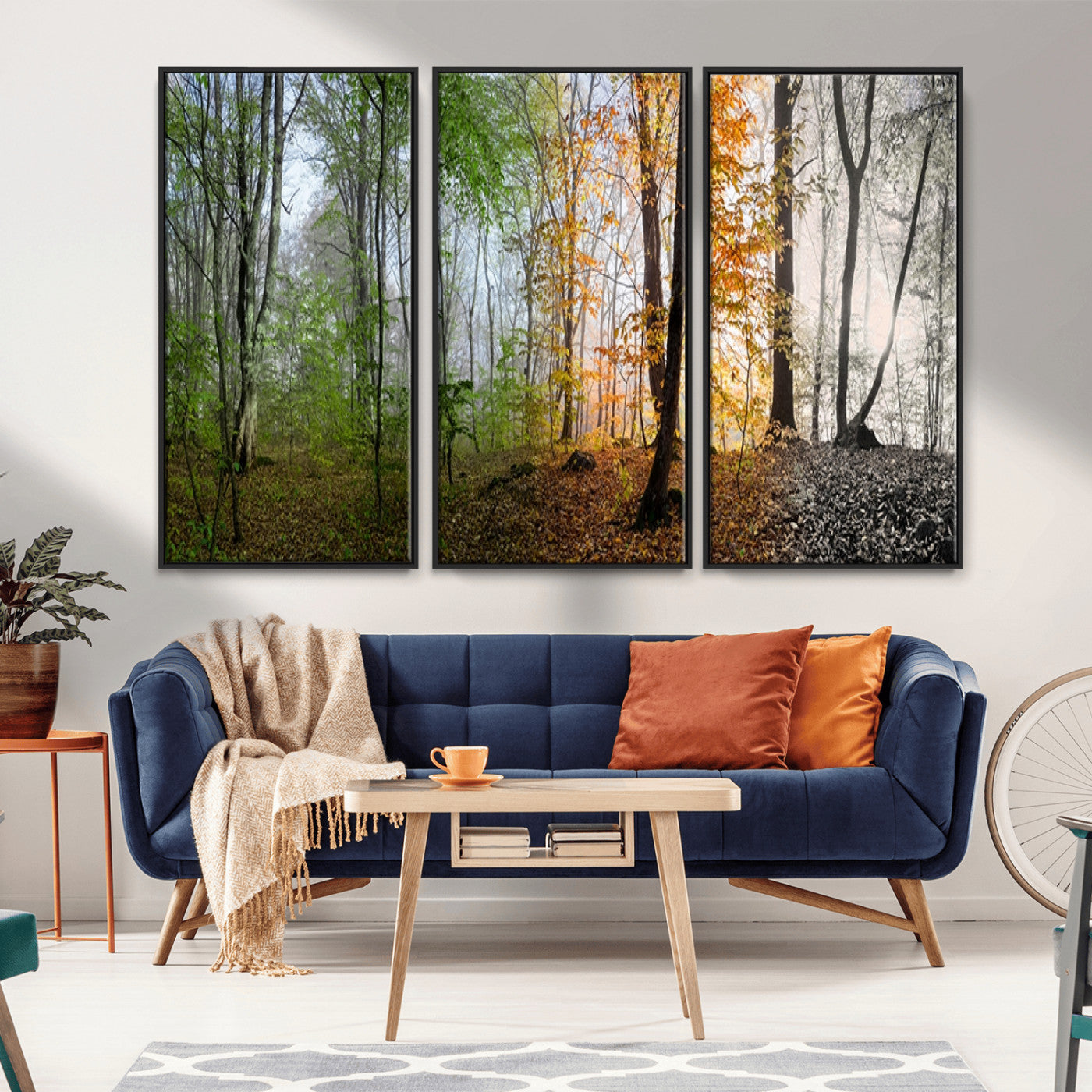 MGV-FC-48X32-3P - Four Seasons Wall Art Forest Canvas Print – Triptych Seasonal Nature Print – Landscape Decor for