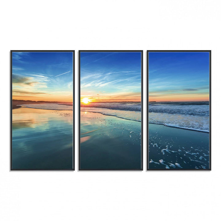 The Blue Sky and Beach Wall Art Canvas Print features a vibrant orange sky reflecting on wet sand.