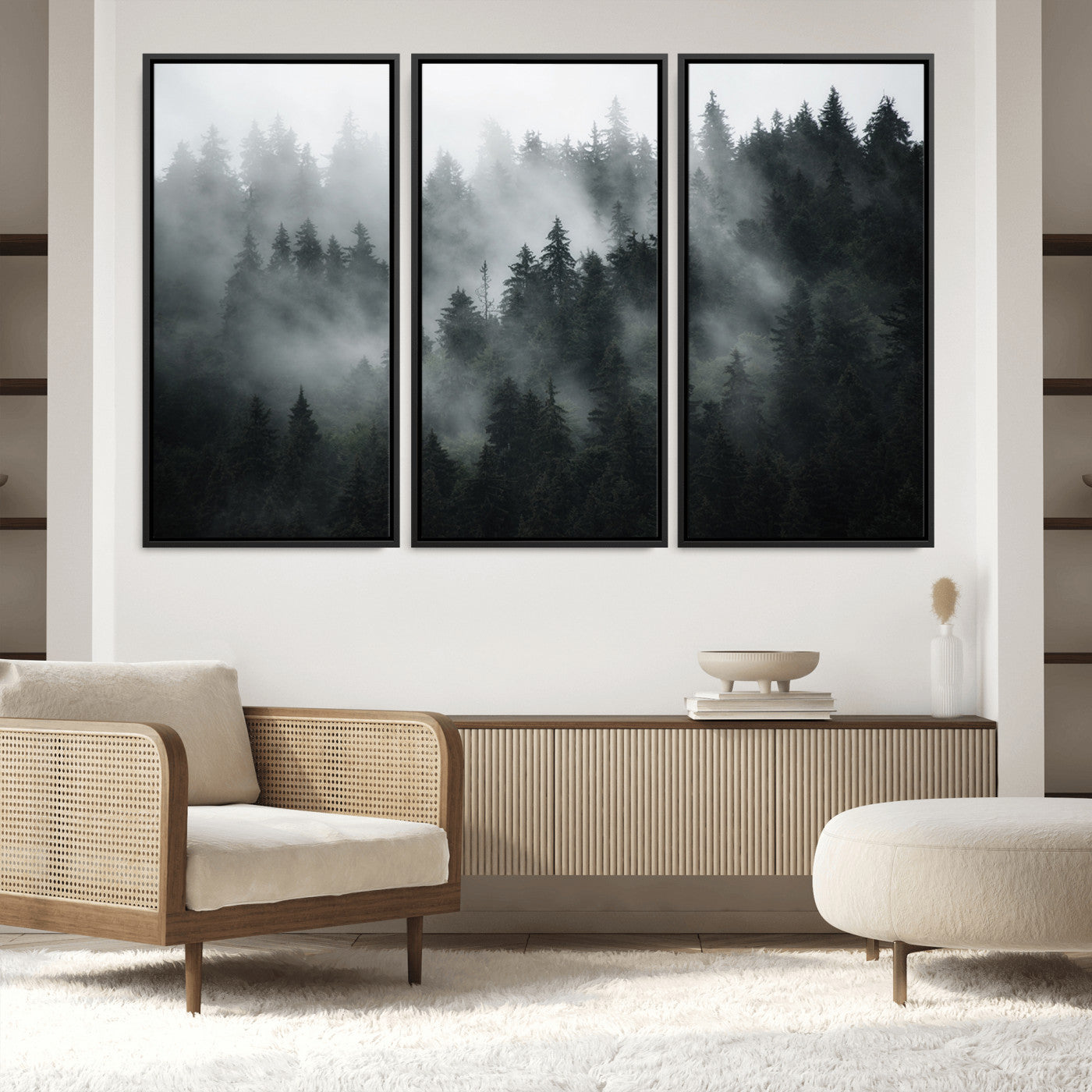 52359-MGV-FC-60X40-3P_Black-Foggy Forest Wall Art Canvas Print | 3 Panel Large Misty Landscape for Dining Room, Office, or Living Room | Ready to Hang Nature Deco