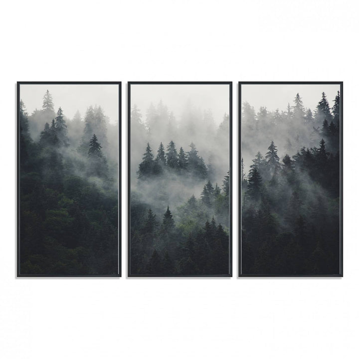 The Serene Triptych Print features tall evergreens, creating a mysterious and calming atmosphere.